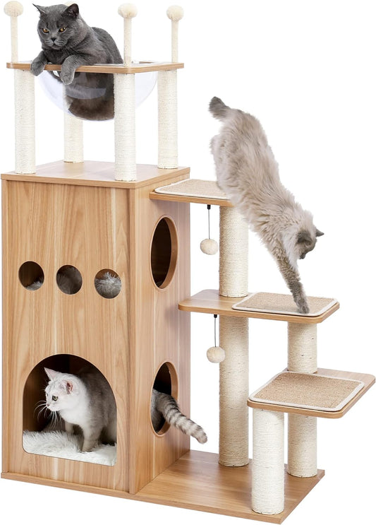 Made4Pets Modern Cat Tree for Large Cat, Wood Cat Tower Heavy Duty with Scratch Post for Indoor Big Cats, 51" Extra Tall Cat Condo Sturdy Frisco Castle with Clear Bowl for Kittens Maine Coon 20Lbs