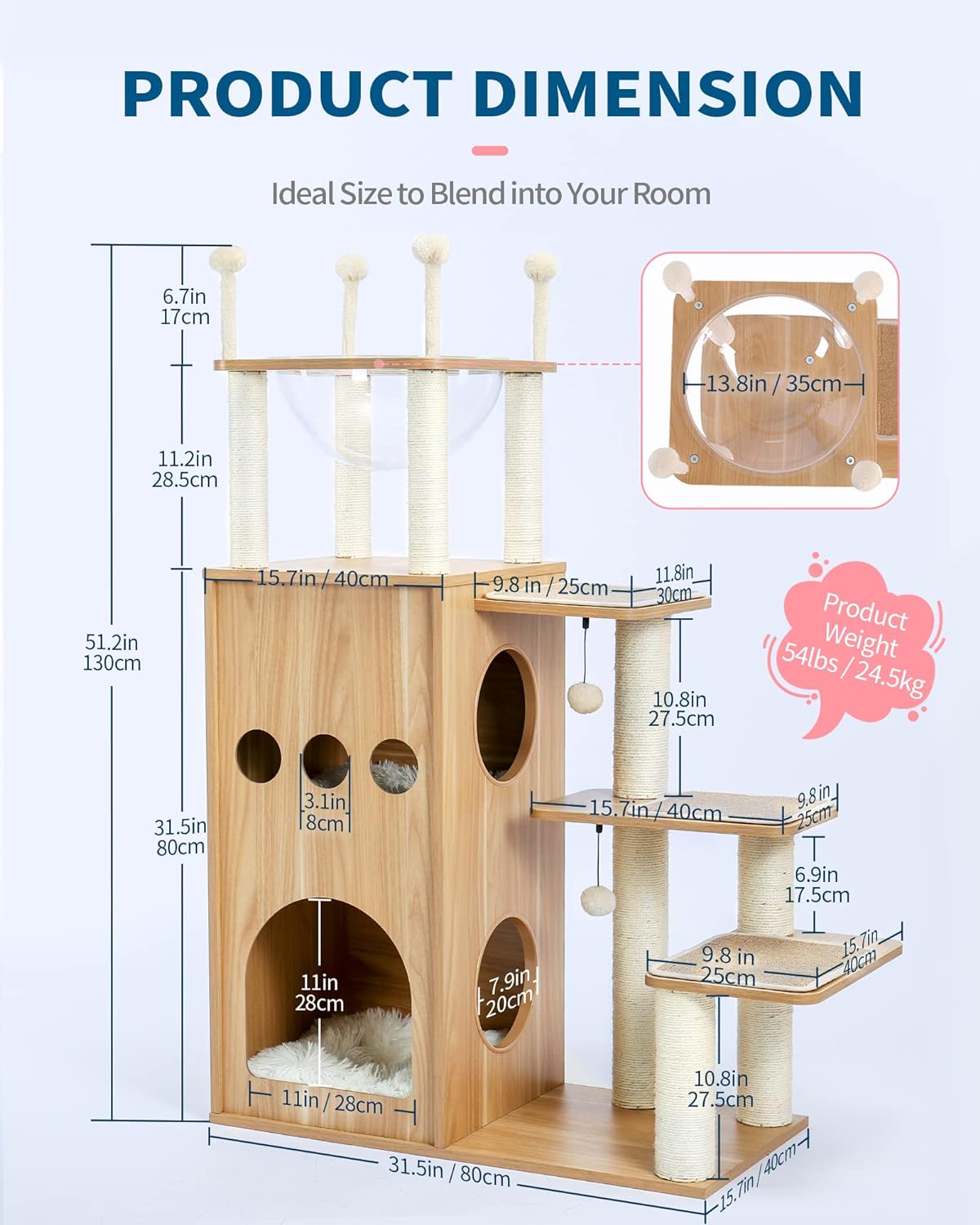 Made4Pets Modern Cat Tree for Large Cat, Wood Cat Tower Heavy Duty with Scratch Post for Indoor Big Cats, 51" Extra Tall Cat Condo Sturdy Frisco Castle with Clear Bowl for Kittens Maine Coon 20Lbs