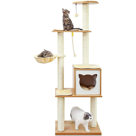 65" Tall  Wood Cat Tree Tower for Indoor Cats with Hammock