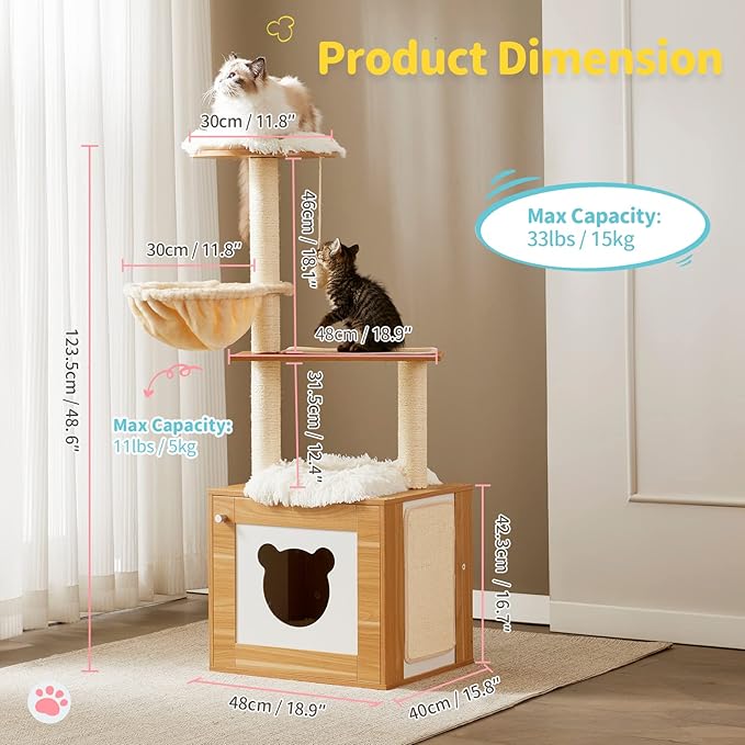 65" Tall  Wood Cat Tree Tower for Indoor Cats with Hammock